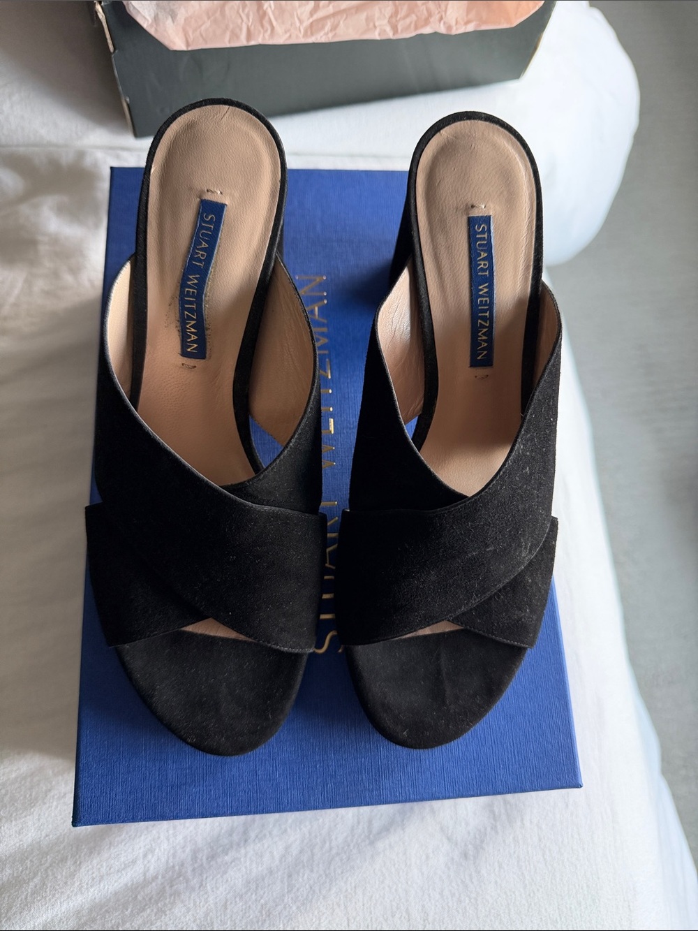 Stuart Weitzman Black Suede Cross-Over Mule Slides